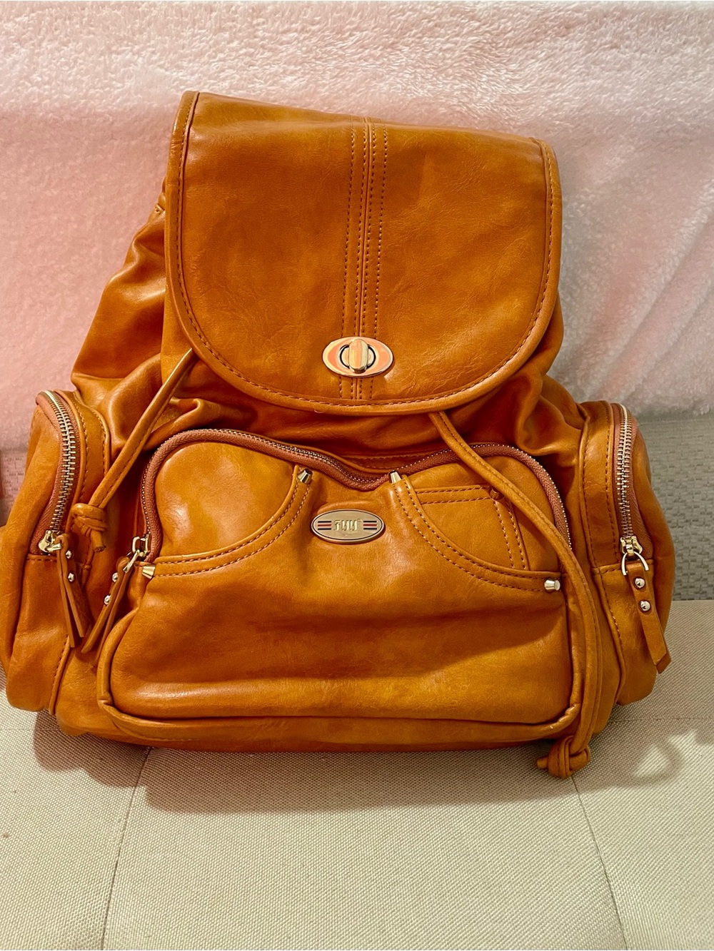 Leather Drawstring Backpack in Cognac - FYY